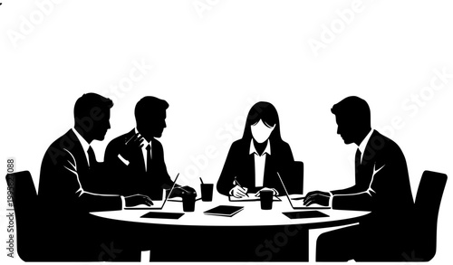 Business people meeting silhouette at conference table corporate team discussion vector illustration