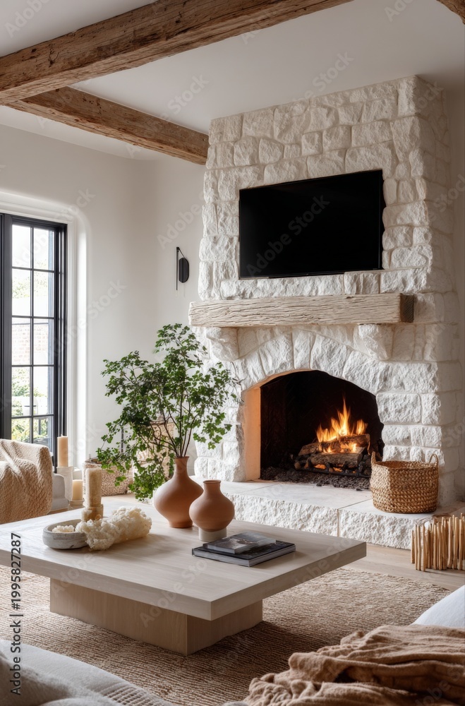 Fototapeta premium Cozy Living Room with Stone Fireplace, Television, and Natural Wood Accents