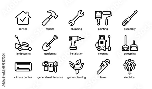 Home maintenance and repair icons for household service categories