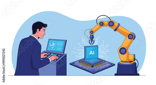 Engineer operating a control console while a robotic arm carefully assembles an artificial intelligence computer processor chip.