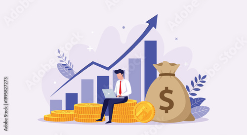 Business professional working on a laptop while sitting on stacks of gold coins in front of a rising growth bar chart and arrow.