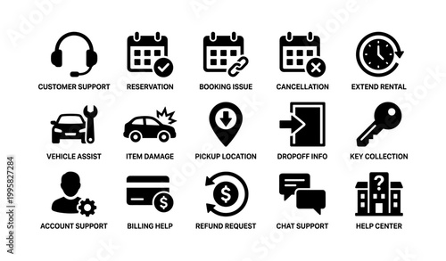 Customer support and rental service icons shown on white background