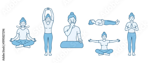 Yoga breathing and meditation poses set for wellness and mindfulness. Vector line art icons showing woman practicing pranayama, asana, relaxation, and peaceful stretching for stress relief and health.
