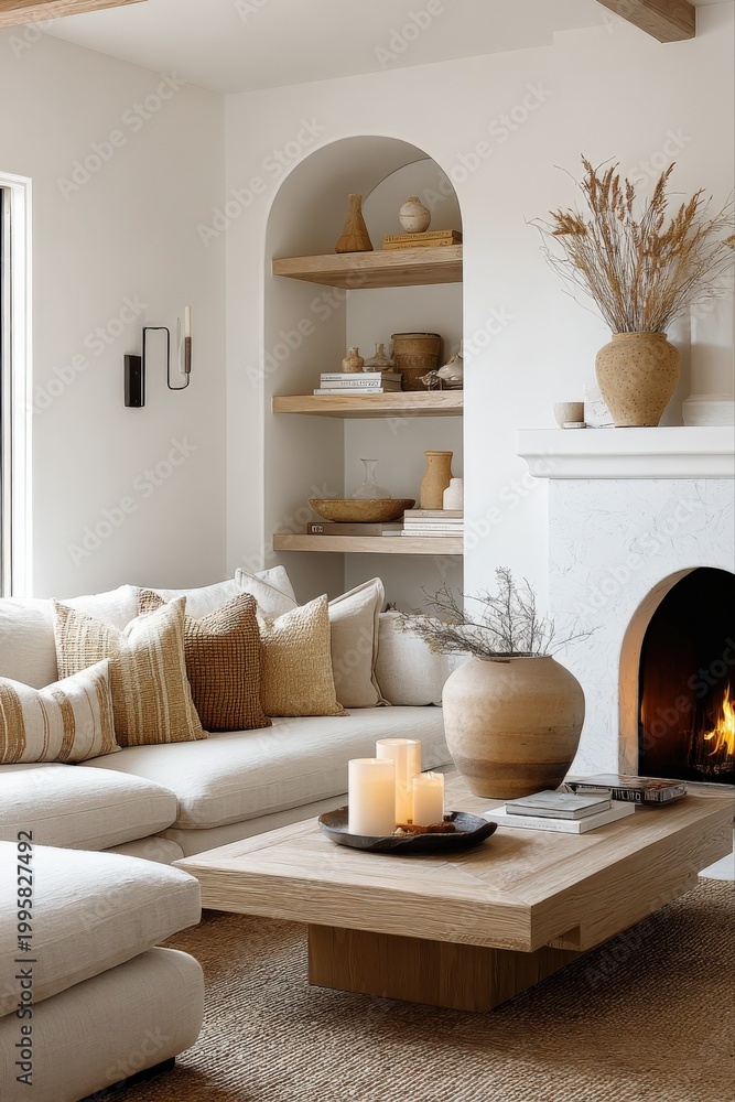 Fototapeta premium Modern Boho Living Room with Cozy Fireplace, Neutral Tones, and Textured Accents