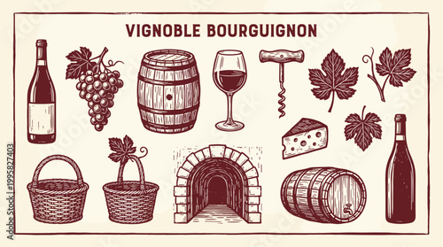 Wine and Vineyard Illustration Set: Burgundy Linocut Woodblock Print Elements on Parchment Background