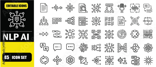 Natural Language Processing AI Icon Set – Text Understanding Systems, Language Analysis, Speech and Text Processing, Machine Learning, Conversational AI and Semantic Interpretation Line Icons – Thin L
