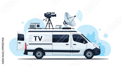 White mobile television broadcast van equipped with a large satellite dish and a professional video camera on the roof for live reporting.