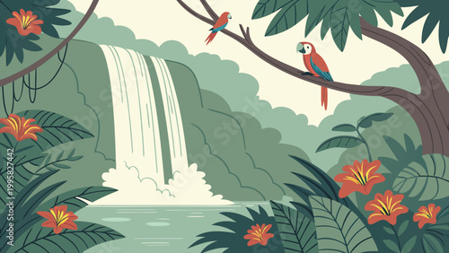 Tropical waterfall scene with macaw parrots and bright red flowers, waterfall
