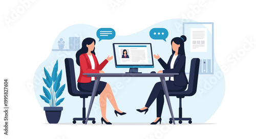 Two professional businesswomen sitting at a desk for a job interview with a computer showing a candidate profile resume.