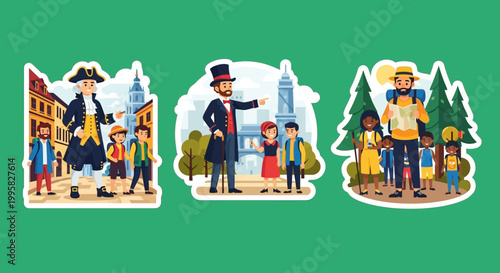 Historical Figures Guiding Children on Educational City Tours.