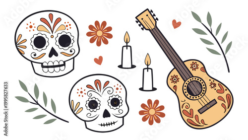 Day of the dead celebration elements with sugar skulls and guitar, festival