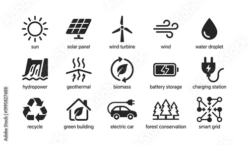 Renewable energy and sustainability icons showing green technologies