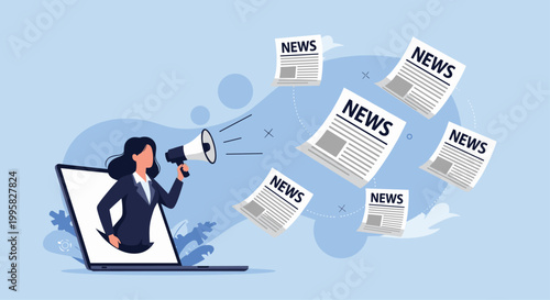 Woman using a megaphone coming out of a laptop screen to spread multiple news papers in a concept of digital media.