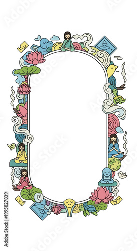 Intricate Decorative Frame with Whimsical Illustrations and Colorful Elements.