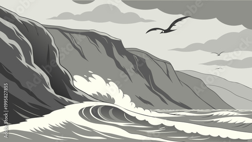 Dramatic coastal landscape with crashing waves and flying sea birds, landscape