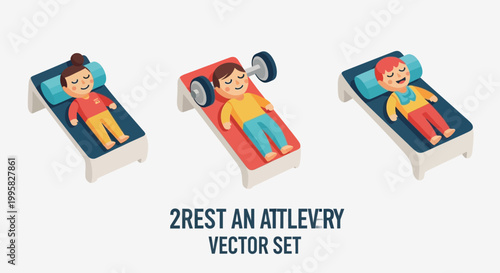 Isometric Illustration of People Resting on Beds with Pillows and Blankets.