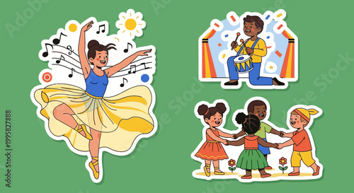 Joyful Ballet Dancer Performing with Musical Notes and Cheerful Children.