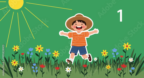 Joyful Child Playing Outdoors in a Sunny Garden with Flowers.