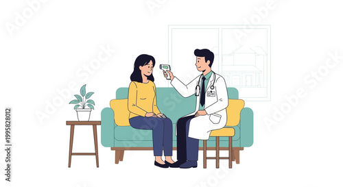 Doctor checking patient's temperature with infrared thermometer during medical checkup at home