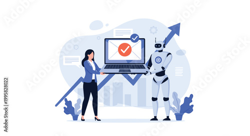 Businesswoman and robot partner standing together holding a laptop with an email icon and a rising bar graph background.
