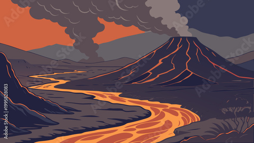 Graphic illustration of volcanic eruption with flowing lava and smoke plumes