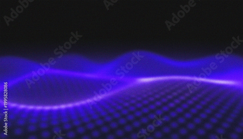 Technology wave represents a glowing digital network of interconnected dots and light lines flowing across a dark space to symbolize advanced data connectivity and information flow.