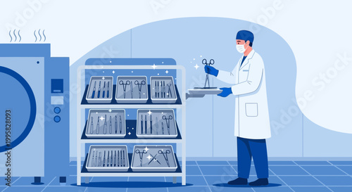 Medical Sterilization Process: Doctor Sterilizing Instruments in Clean Room