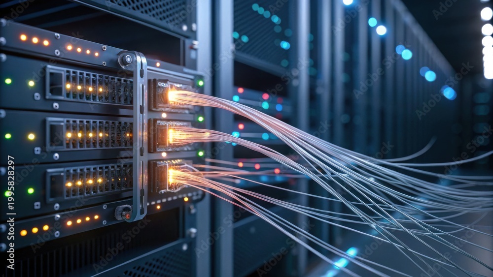 Fototapeta premium Close-up of network server racks with connected fiber optic cables transmitting data in a data center environment.