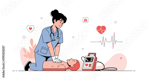 Nurse performing CPR on dummy with AED machine and heart monitor, medical emergency training