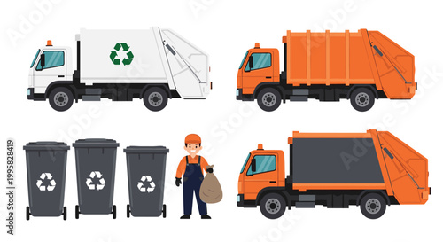 Different types of modern garbage trucks and a sanitation worker with recycling bins and waste bags for collection.