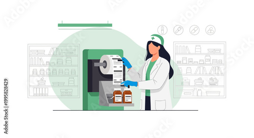 Pharmacist Preparing Medication with Prescription and Bottles in Pharmacy