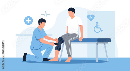Physical therapist adjusting knee brace on patient sitting on examination table, rehabilitation concept