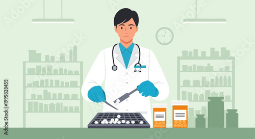 Pharmacist preparing medication in a pharmacy, dispensing pills from a tray.