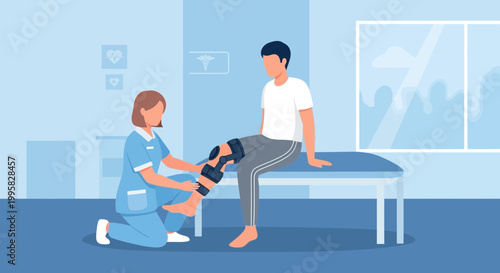 Physical therapist adjusting knee brace on patient sitting on examination table in clinic