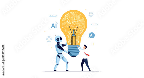 Robot and human businessman working together to lift a giant light bulb with integrated circuit board patterns.