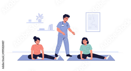 Physical therapist guiding two women in stretching exercise on yoga mats in a bright room.
