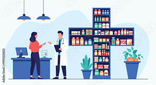 Pharmacist in a white coat talking to a female customer in a pharmacy with a cross shaped medicine storage shelf.