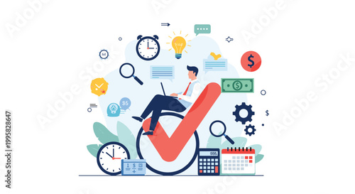 Businessman sitting on a giant red checkmark symbol and working on his laptop surrounded by various task icons.