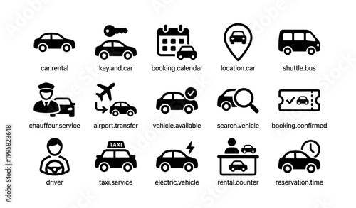 Car rental and transportation icons for booking and vehicle services