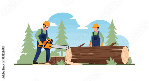 Illustration of two lumberjacks cutting a tree trunk with a chainsaw in a forest
