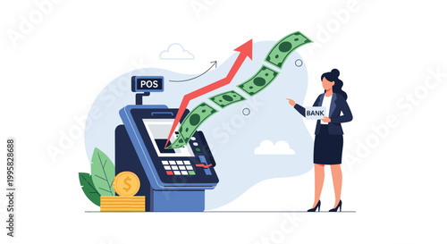 Businesswoman standing at a bank ATM machine with dollar banknotes flying out following a rising profit arrow.