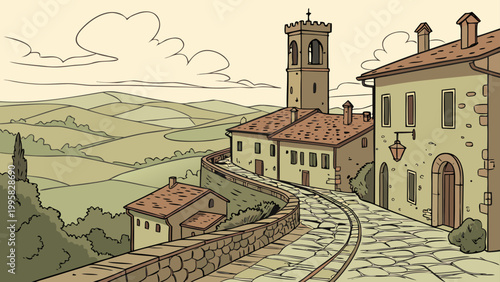 Old medieval european hillside village stone roadway illustration with medieval