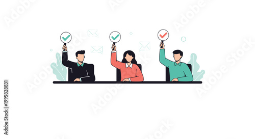 Successful team members voting with checkmark signs to show consensus and approval during a professional business meeting.