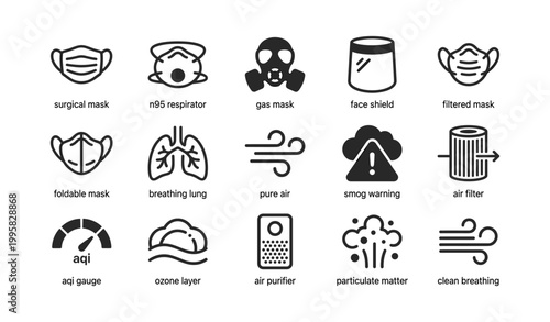 Air protection and quality icons showing masks filters and ventilation