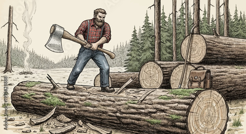 Lumberjack chopping wood with axe in forest illustration