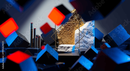Geometric Abstract Composition with Cubes, Crystals, and Metallic Textures in Dynamic Lighting