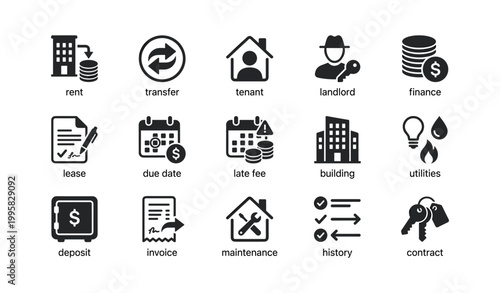 Rental icons showing payments and management on white background