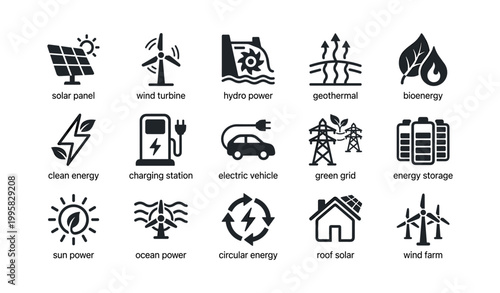 Renewable energy icons arranged in grid on white background