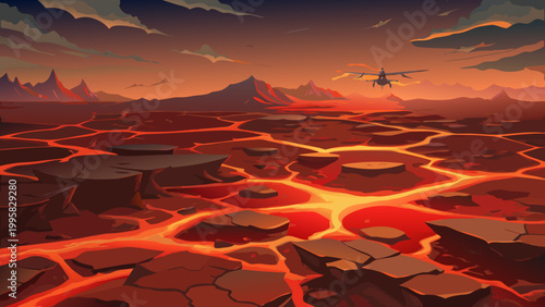 Arid plain with glowing lava cracks under a fiery red sky at dusk