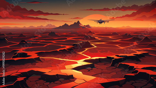 Arid plain with glowing lava cracks under a fiery red sky at dusk